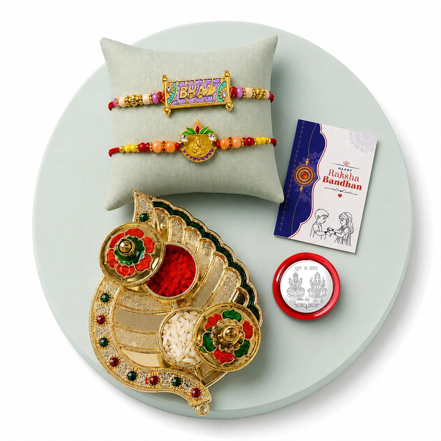 Multicolor Bhai, Ganesha Bracelet Rakhi with Leaf Pooja Thali – Raksha Bandhan Combo - Image 2