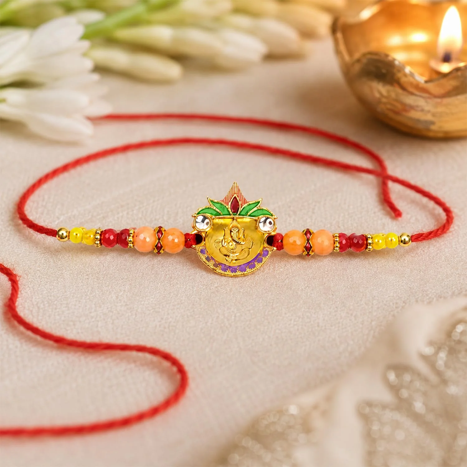 Multicolor Bhai, Ganesha Bracelet Rakhi with Leaf Pooja Thali – Raksha Bandhan Combo - Image 7