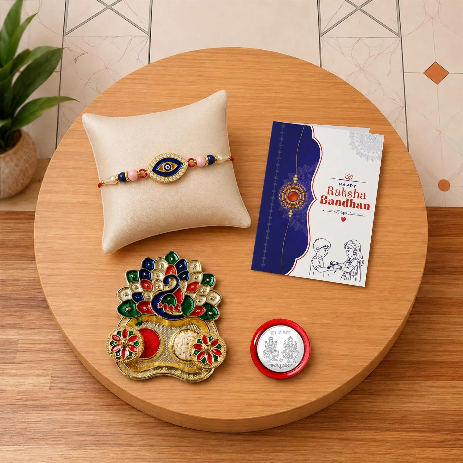 Multicolor Evil Eye Bracelet Rakhi – Peacock Shape Pooja Thali | Raksha Bandhan Combo