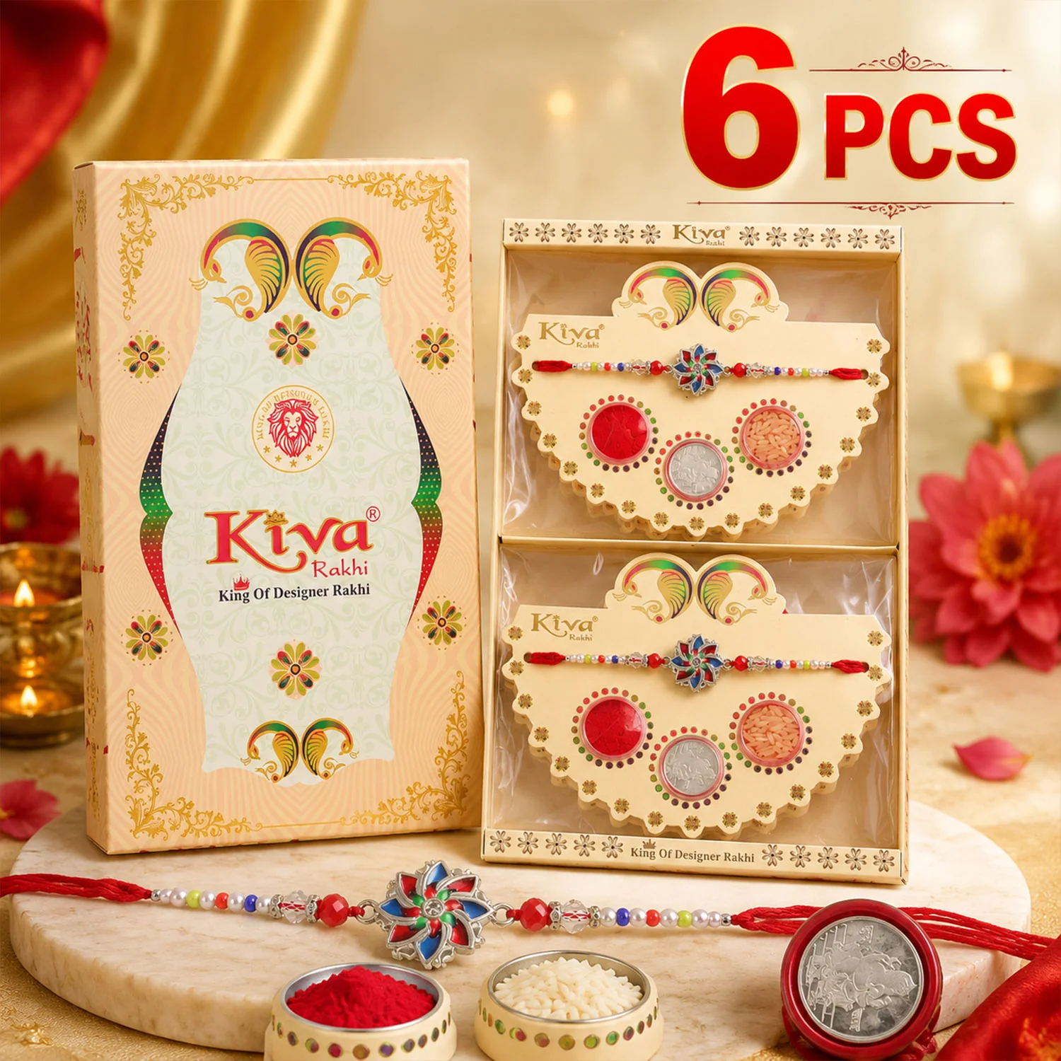Multicolor Floral Chakra Rakhi with Pearl Beads, Roli Chawal Coin and Peacock Card Packing - Image 2