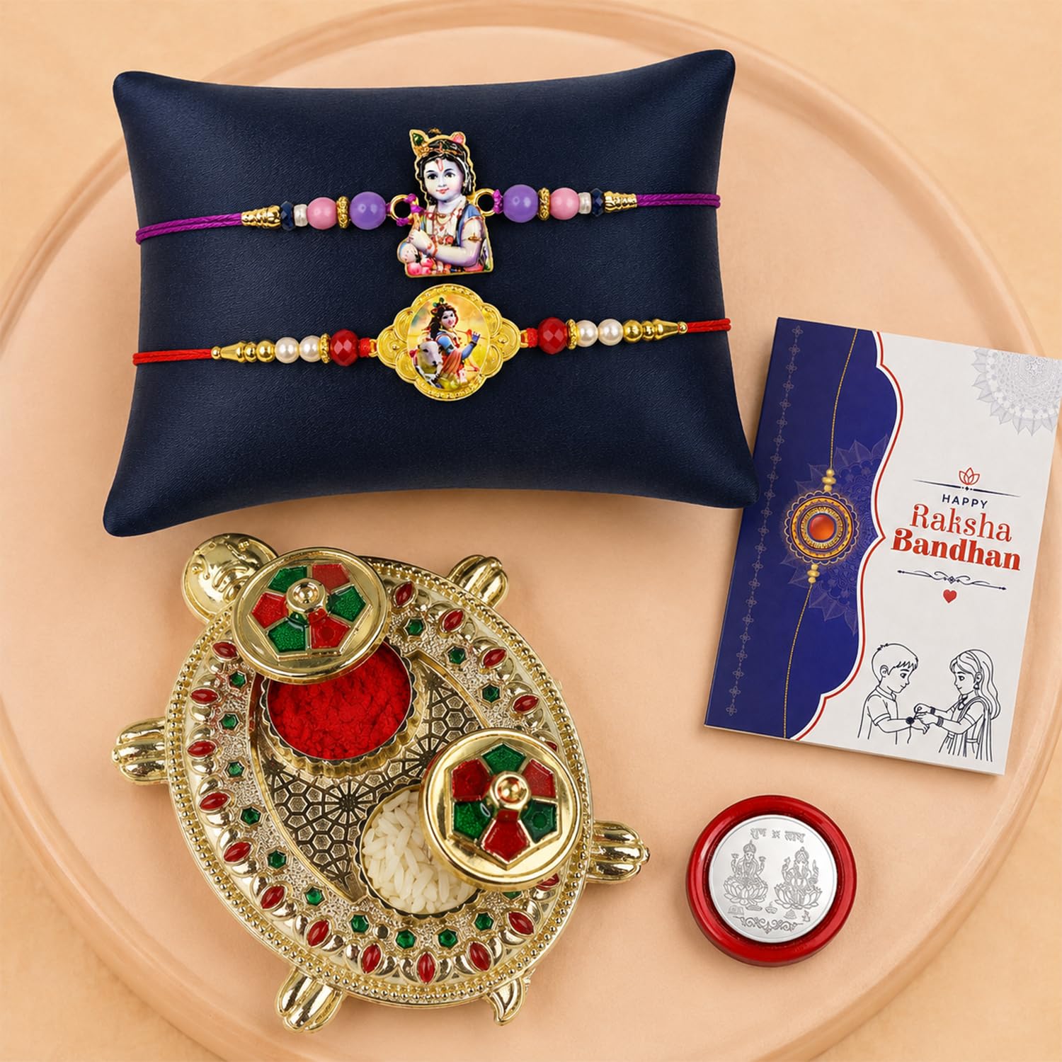 Multicolor Krishna, Krishna Bracelet Rakhi – Turtle Thali | Raksha Bandhan Combo
