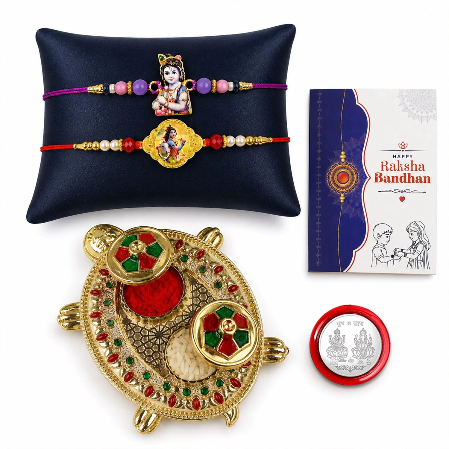 Multicolor Krishna, Krishna Bracelet Rakhi – Turtle Thali | Raksha Bandhan Combo - Image 2