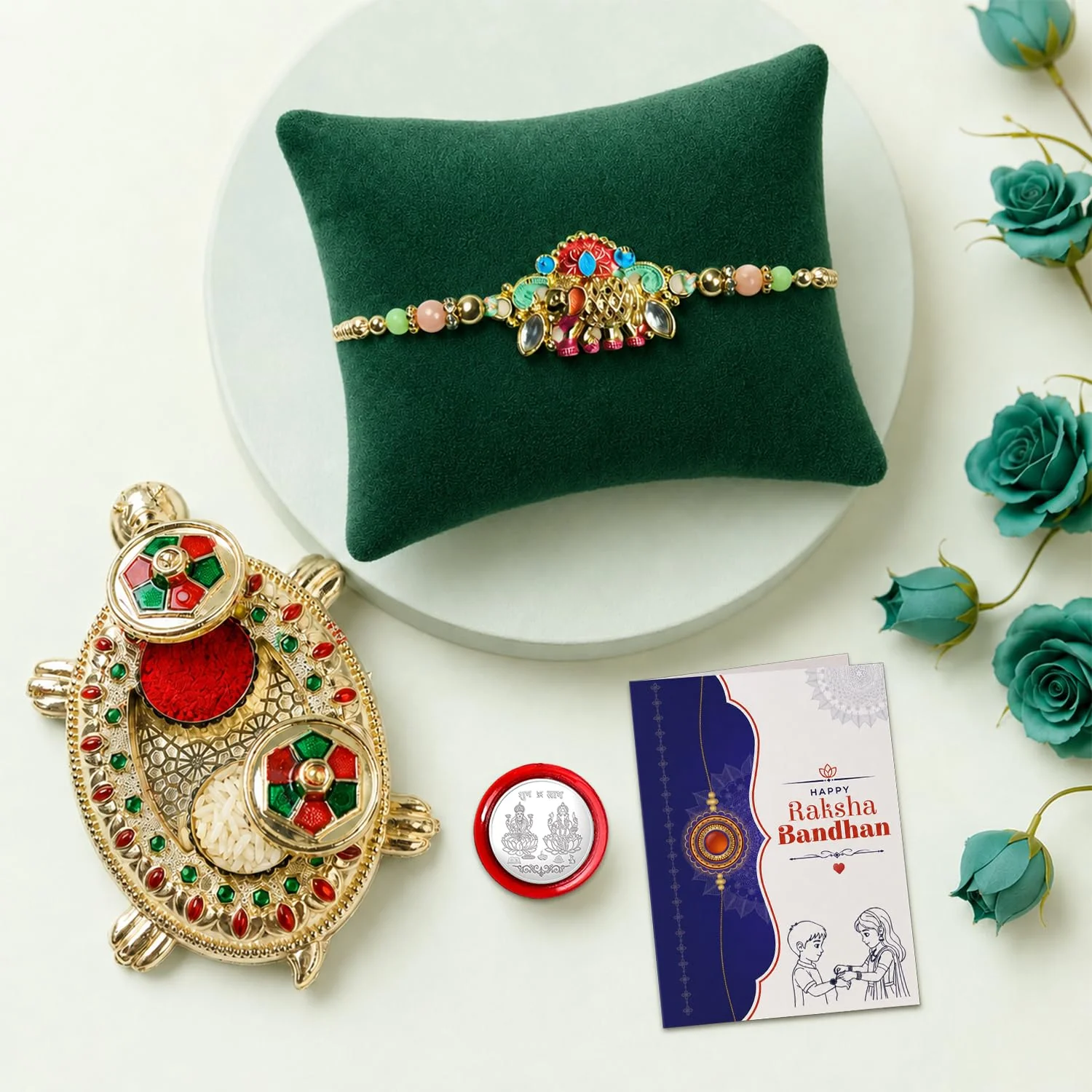 Multicolor Kundan Bracelet Rakhi with Turtle shape Pooja Thali – Raksha Bandhan Combo