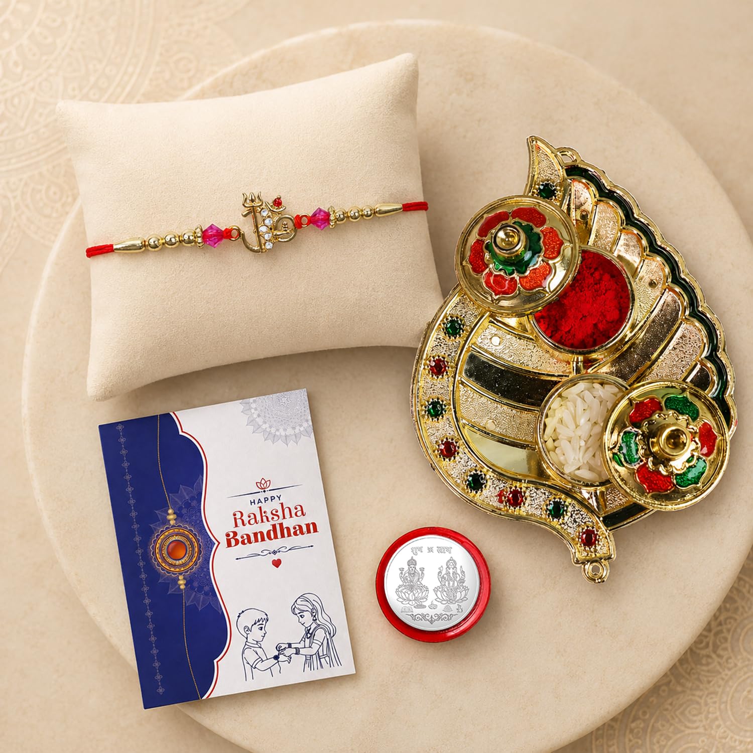 Multicolor Om Bracelet Rakhi with Leaf Shape Pooja Thali | Raksha Bandhan Gift Combo