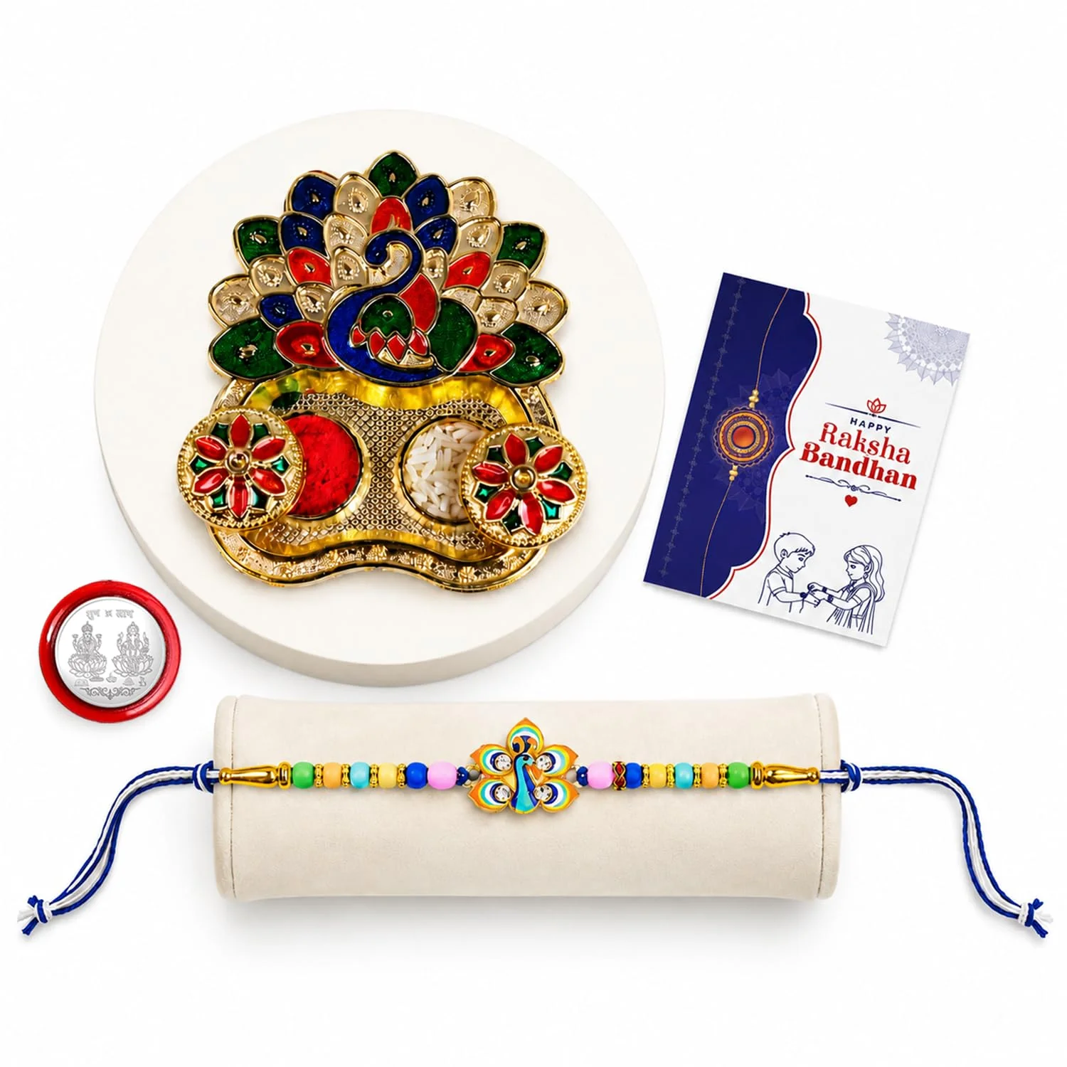 Multicolor Peacock Bracelet Rakhi – Peacock Shape Pooja Thali | Raksha Bandhan Combo - Image 2