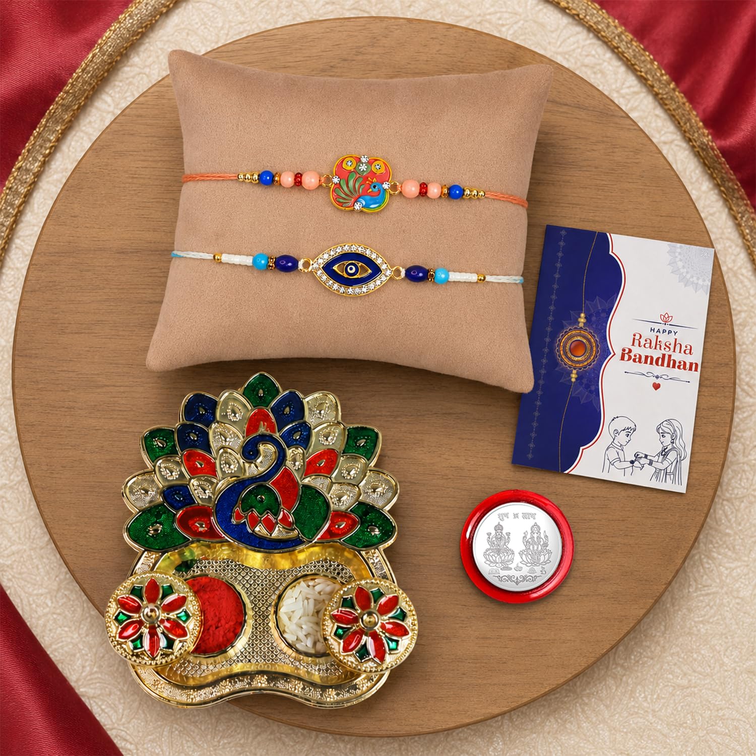 Multicolor Bracelet Rakhi with Peacock Shape Pooja Thali | Raksha Bandhan Gift Combo
