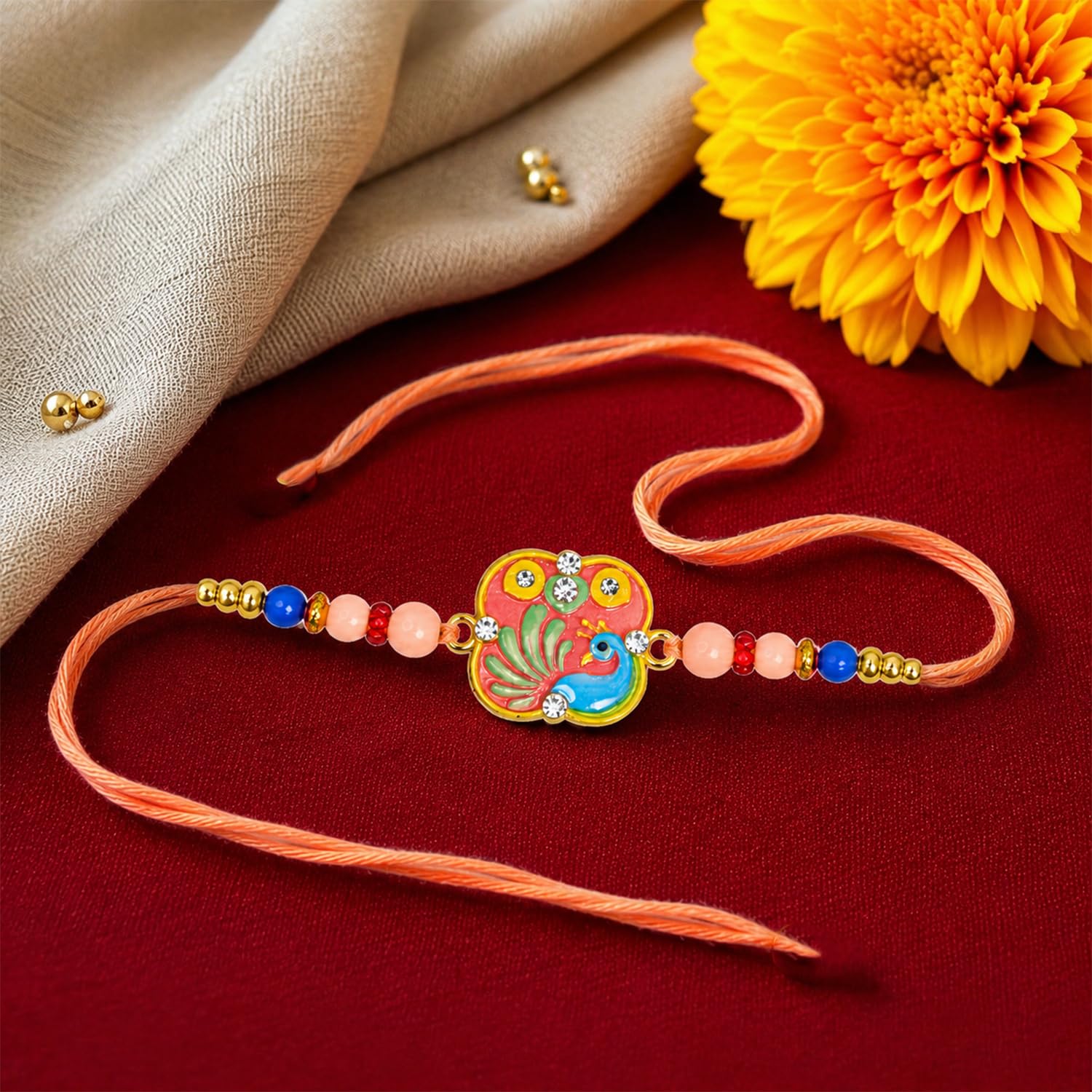 Multicolor Bracelet Rakhi with Peacock Shape Pooja Thali | Raksha Bandhan Gift Combo - Image 6