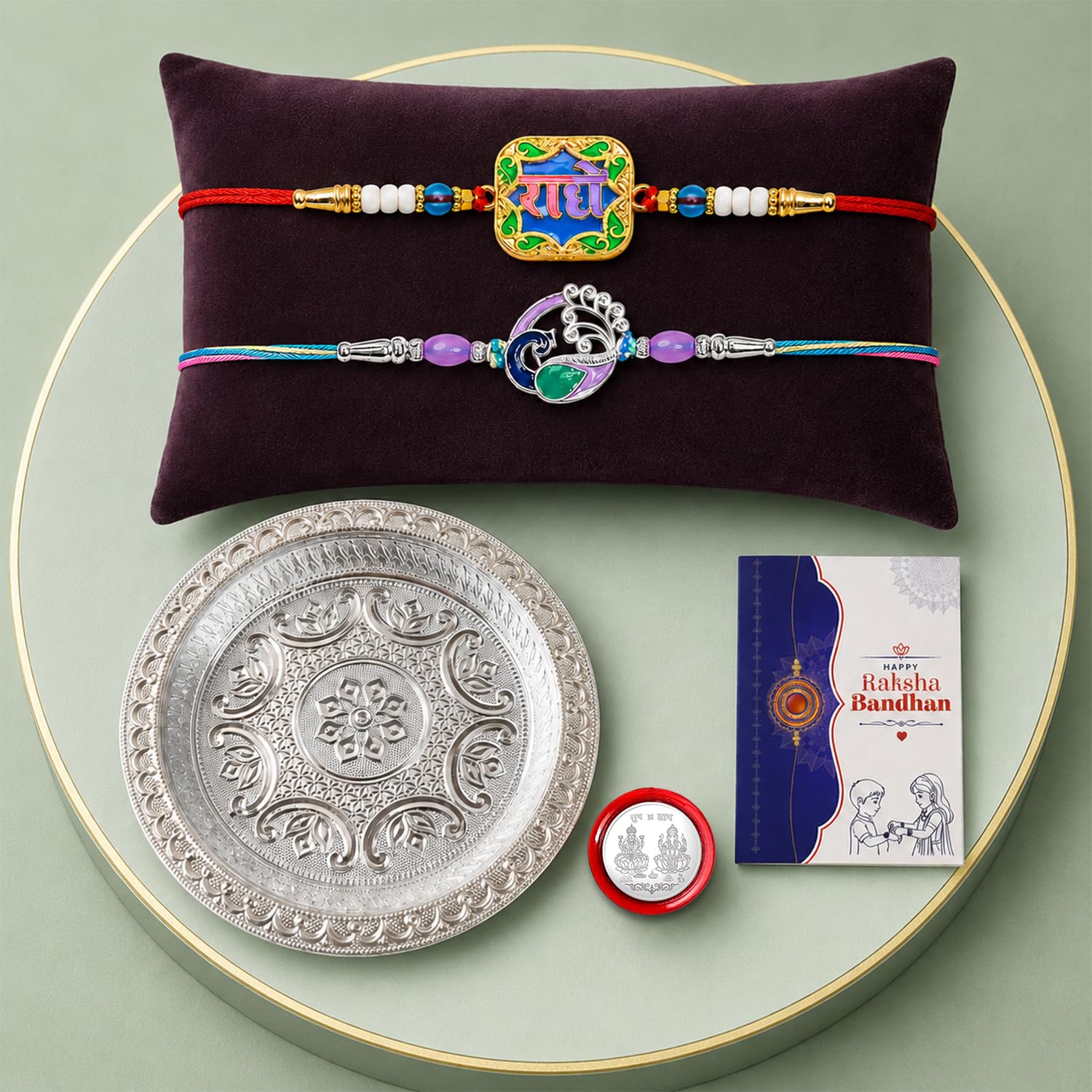 Multicolor Radhe, Peacock Bracelet Rakhi – Silver Pooja Thali | Raksha Bandhan Combo
