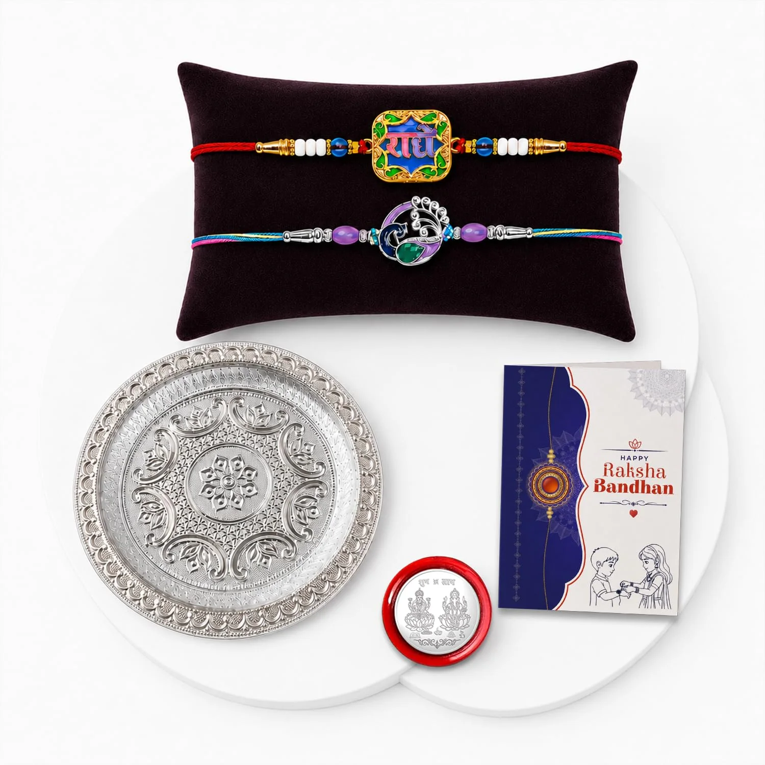 Multicolor Radhe, Peacock Bracelet Rakhi – Silver Pooja Thali | Raksha Bandhan Combo - Image 2