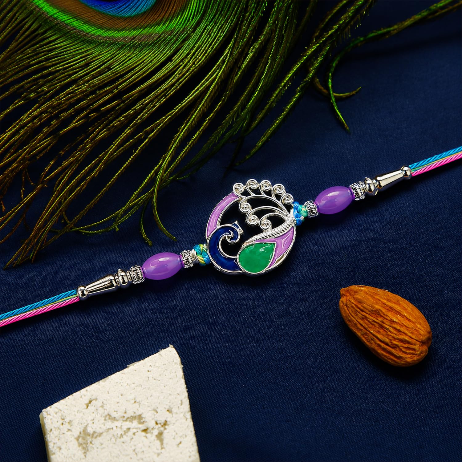 Multicolor Radhe, Peacock Bracelet Rakhi – Silver Pooja Thali | Raksha Bandhan Combo - Image 7