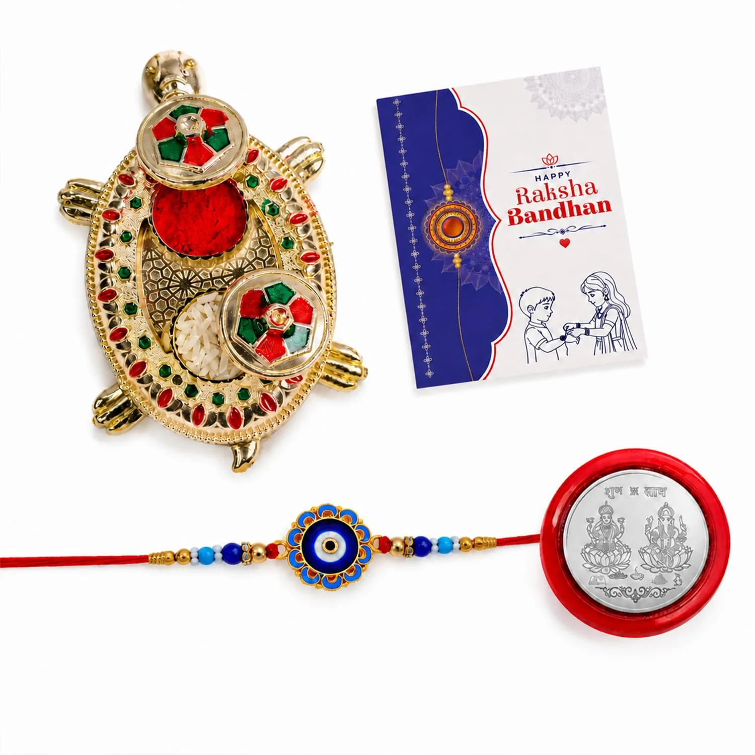 Multicolor Evil Eye Rakhi & Turtle Pooja Thali – Gift Hamper Gift Set (Pack of 5) For Raksha Bandhan - Image 5
