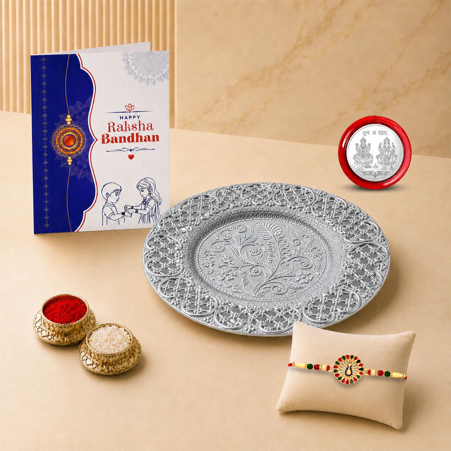 Multicolor Peacock Rakhi & Silver Color Pooja Thali – Gift Hamper Set (Pack of 5) For Raksha Bandhan