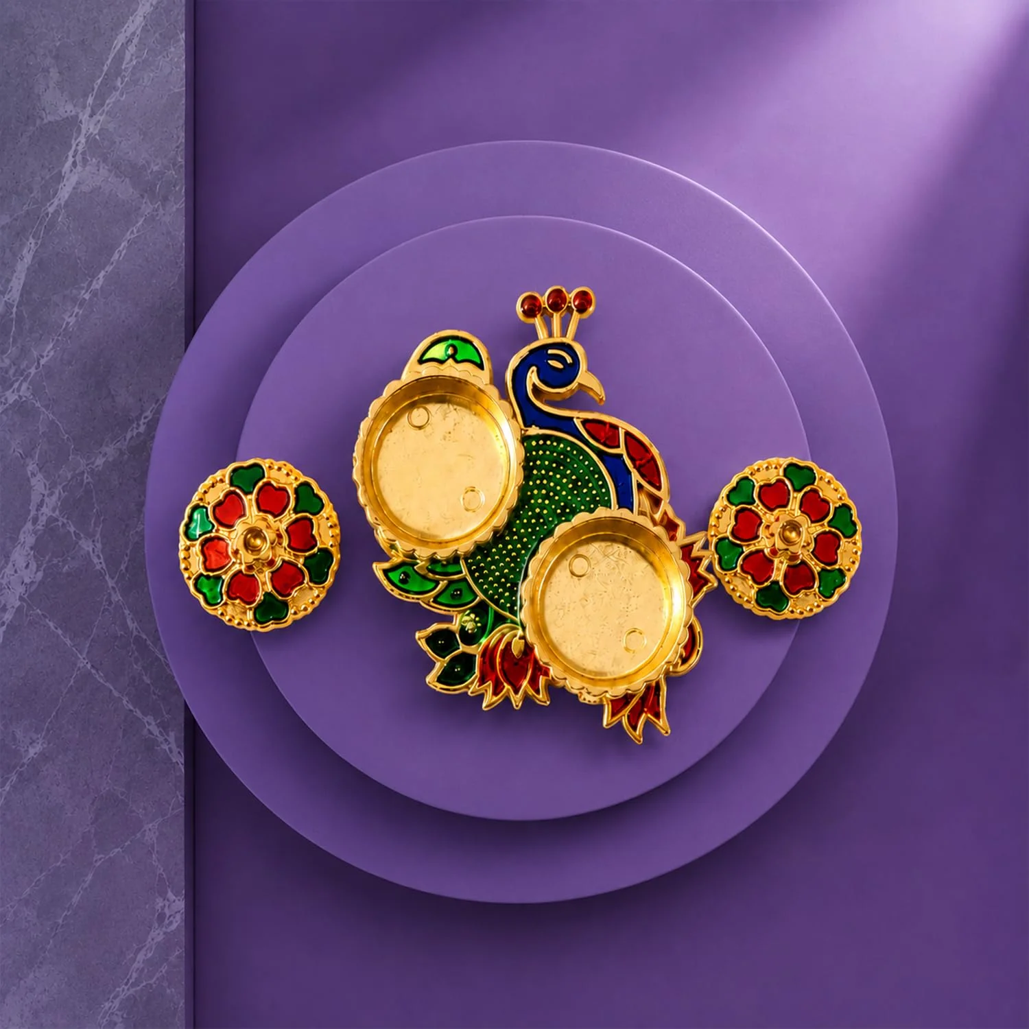 Multicolor & Peacock Shape Pooja Thali with Silver Color Pooja Coin, Roli Chawal For Raksha Bandhan - Image 3