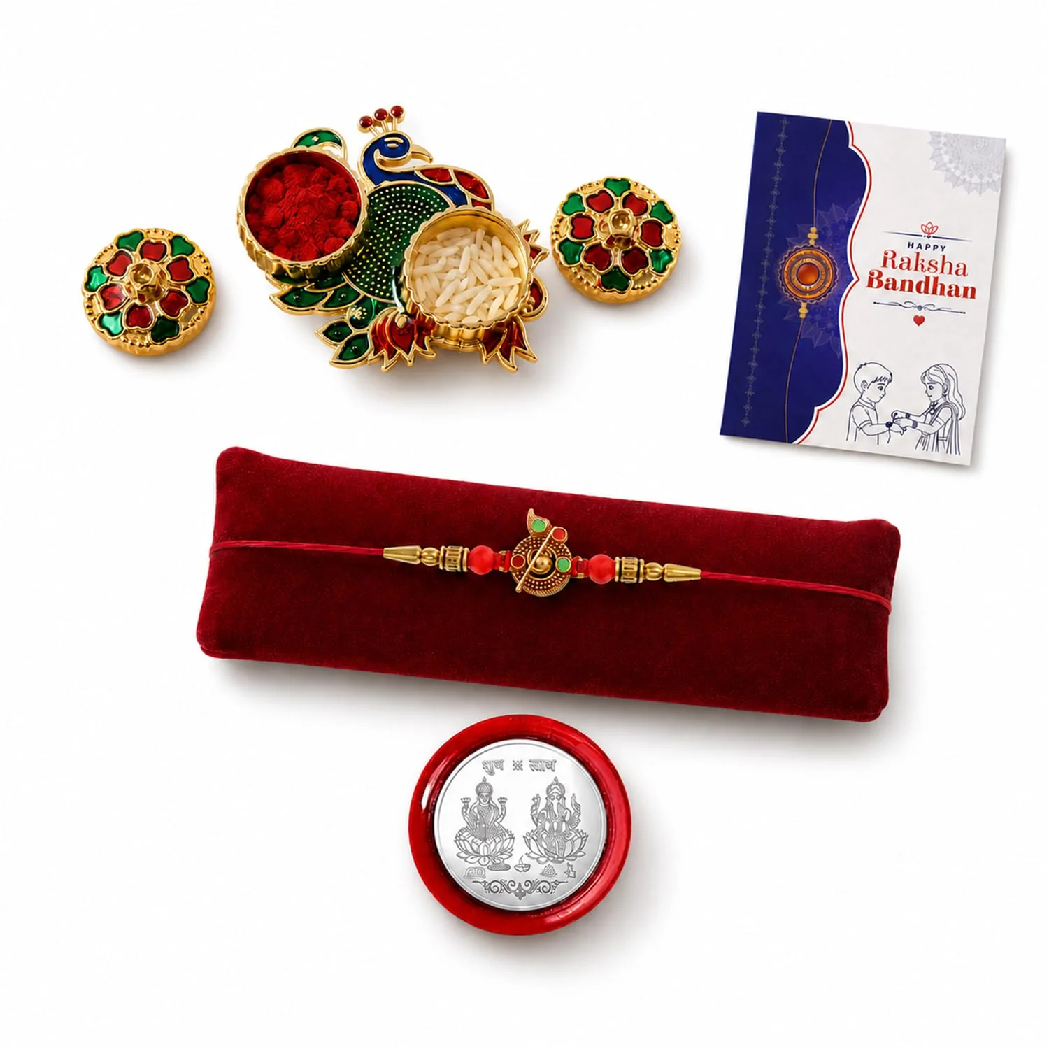 Multicolor & Peacock Shape Pooja Thali with Silver Color Pooja Coin, Roli Chawal For Raksha Bandhan - Image 5
