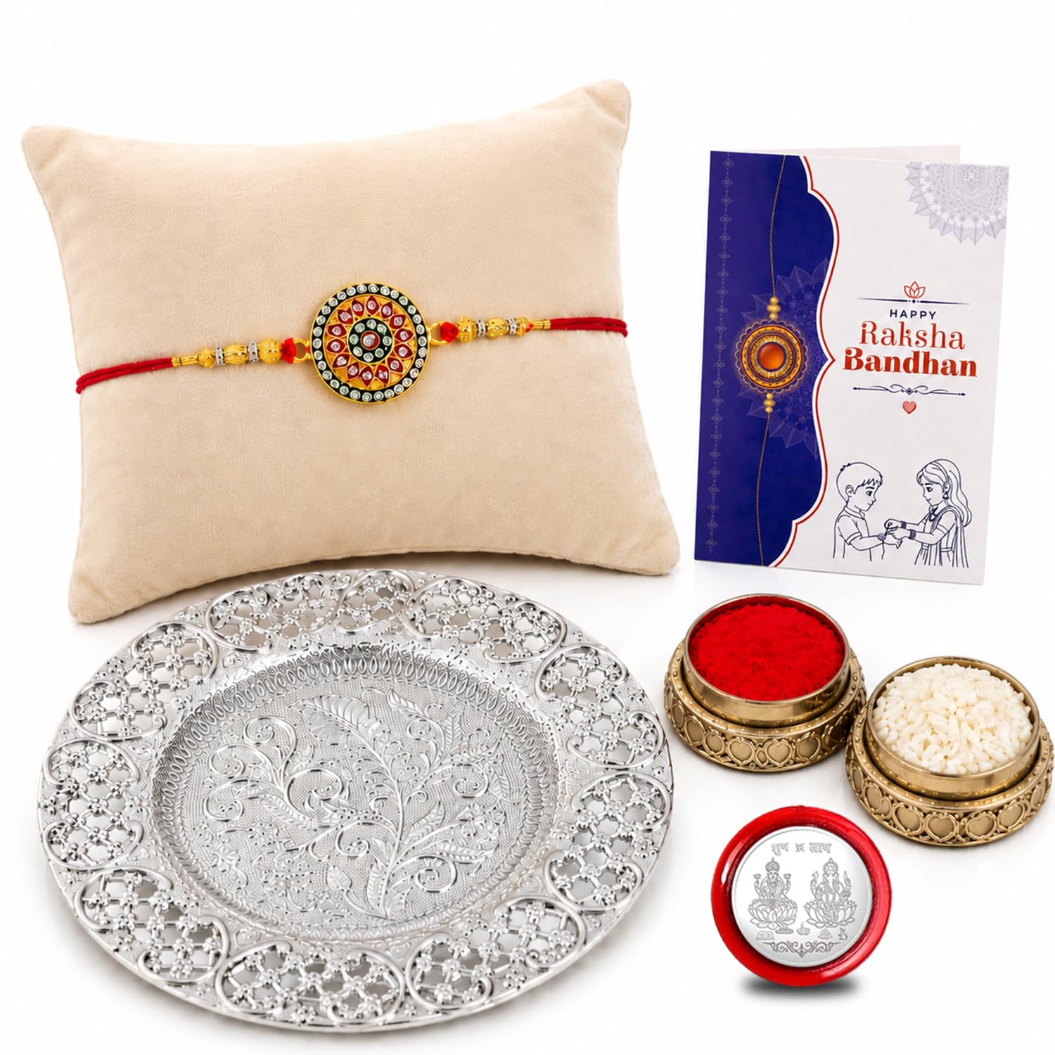 Multicolor Rakhi with Designer Pooja Thali – Raksha Bandhan Gift Combo Set | Gift Set