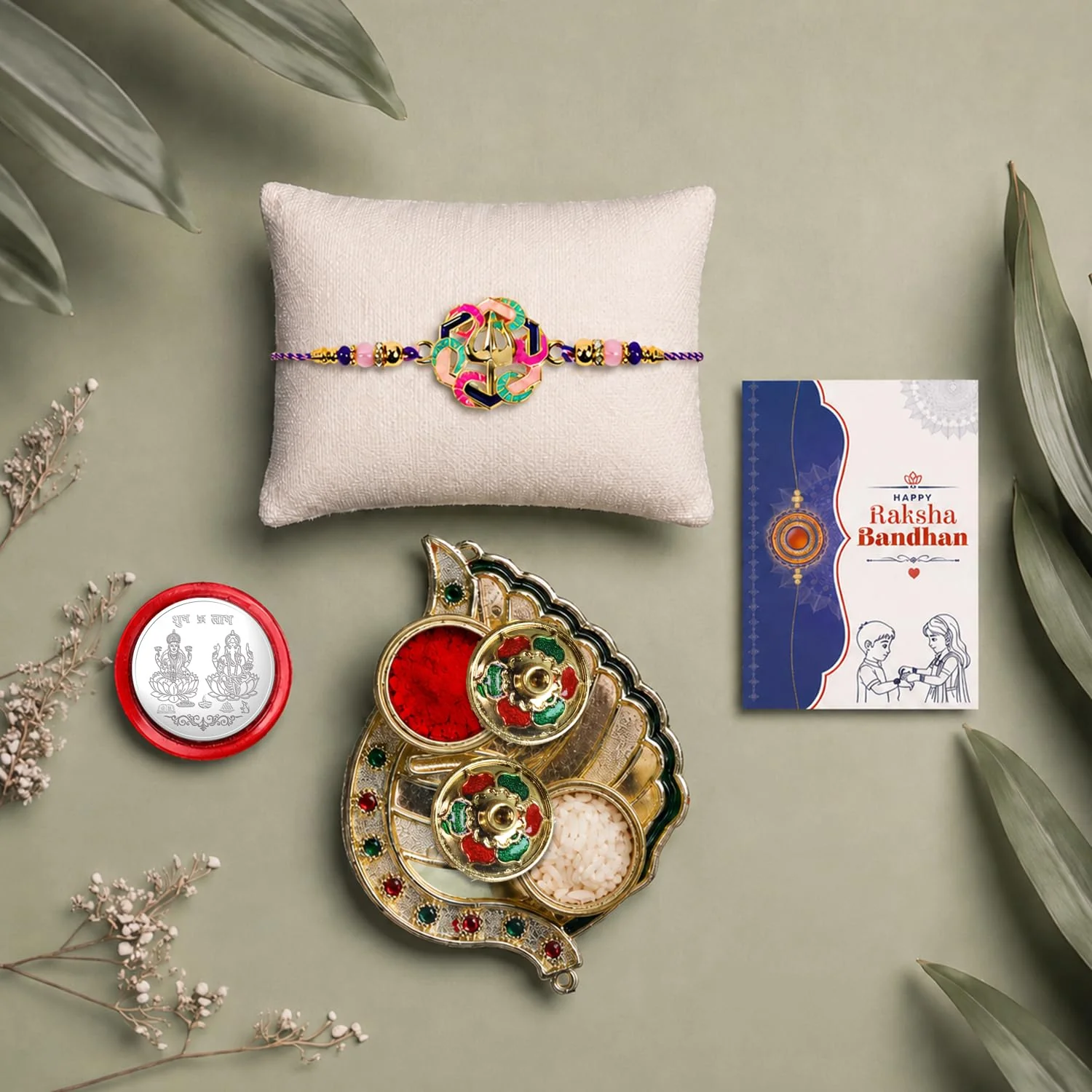 Multicolor Shiva Trishul Bracelet Rakhi with Leaf Pooja Thali – Raksha Bandhan Combo