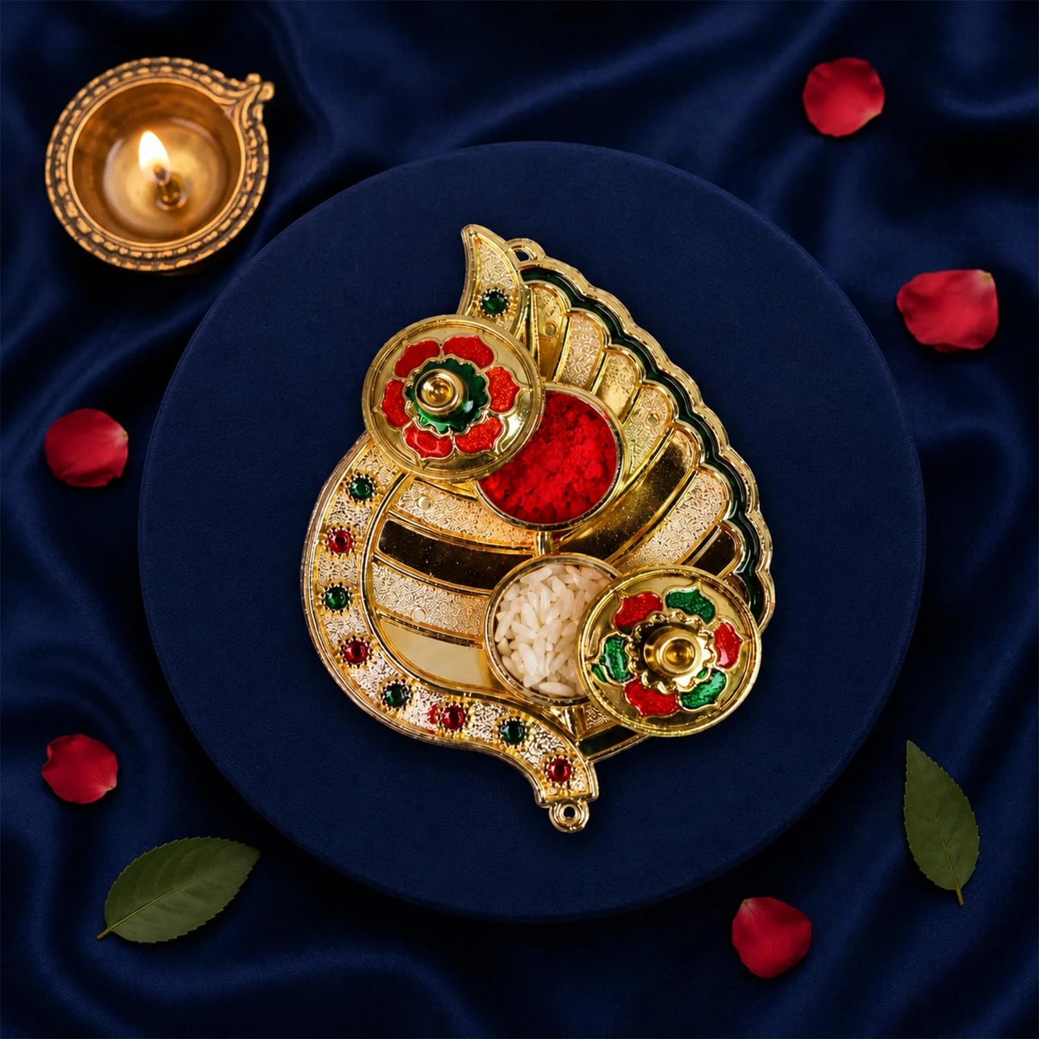 Multicolor Shiva Trishul Bracelet Rakhi with Leaf Pooja Thali – Raksha Bandhan Combo - Image 2