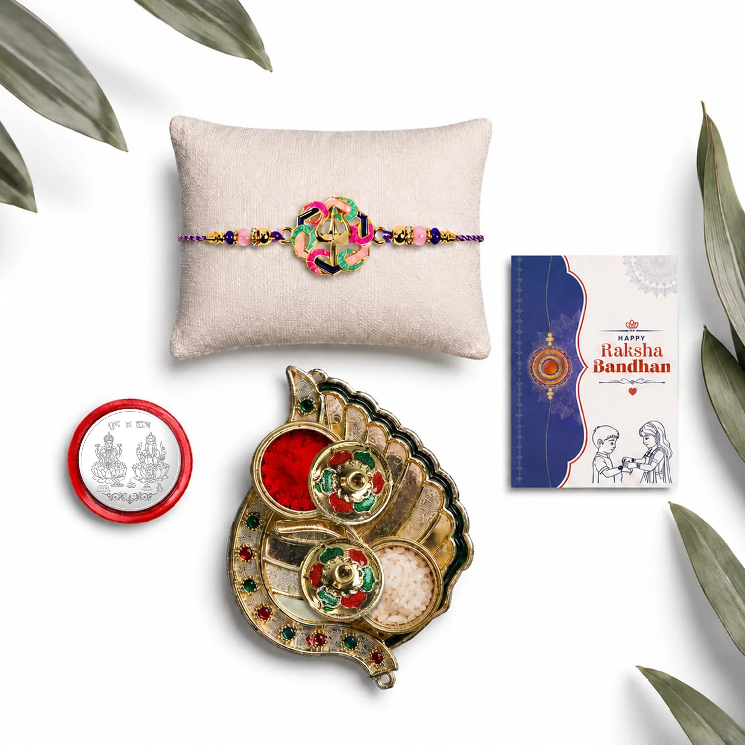 Multicolor Shiva Trishul Bracelet Rakhi with Leaf Pooja Thali – Raksha Bandhan Combo - Image 3