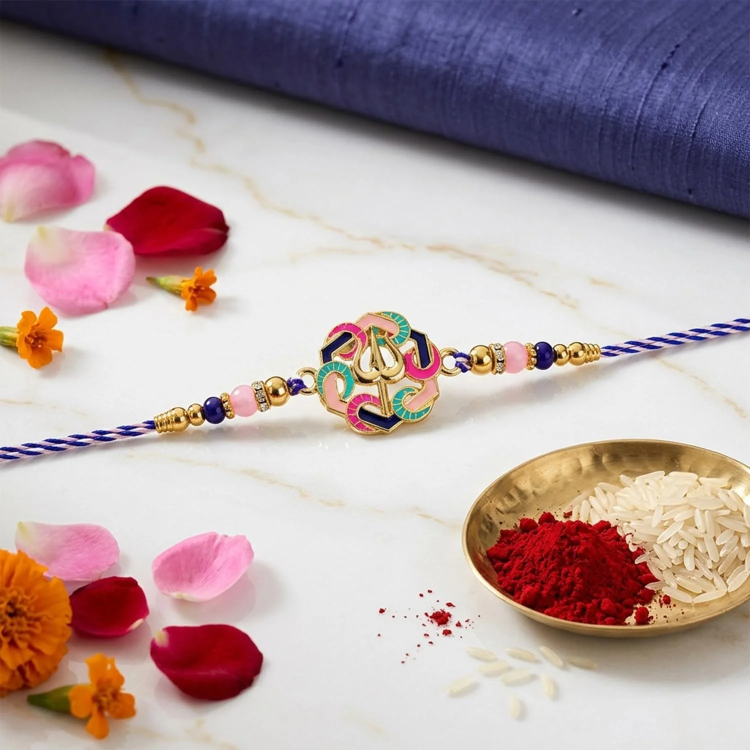 Multicolor Shiva Trishul Bracelet Rakhi with Leaf Pooja Thali – Raksha Bandhan Combo - Image 6
