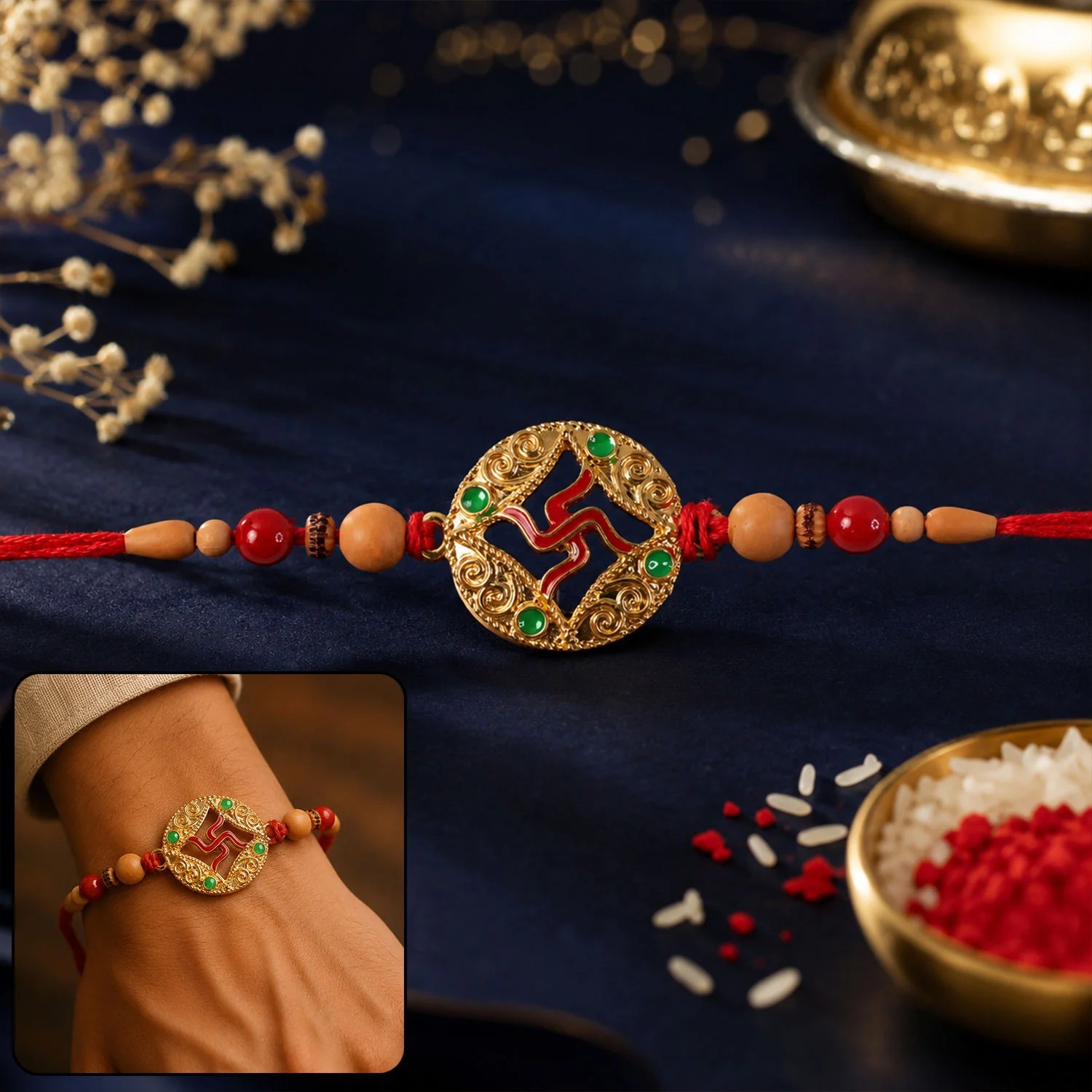 Rakhi – Elegant multicolor Swastik design with peach beads for Rakshabandhan
