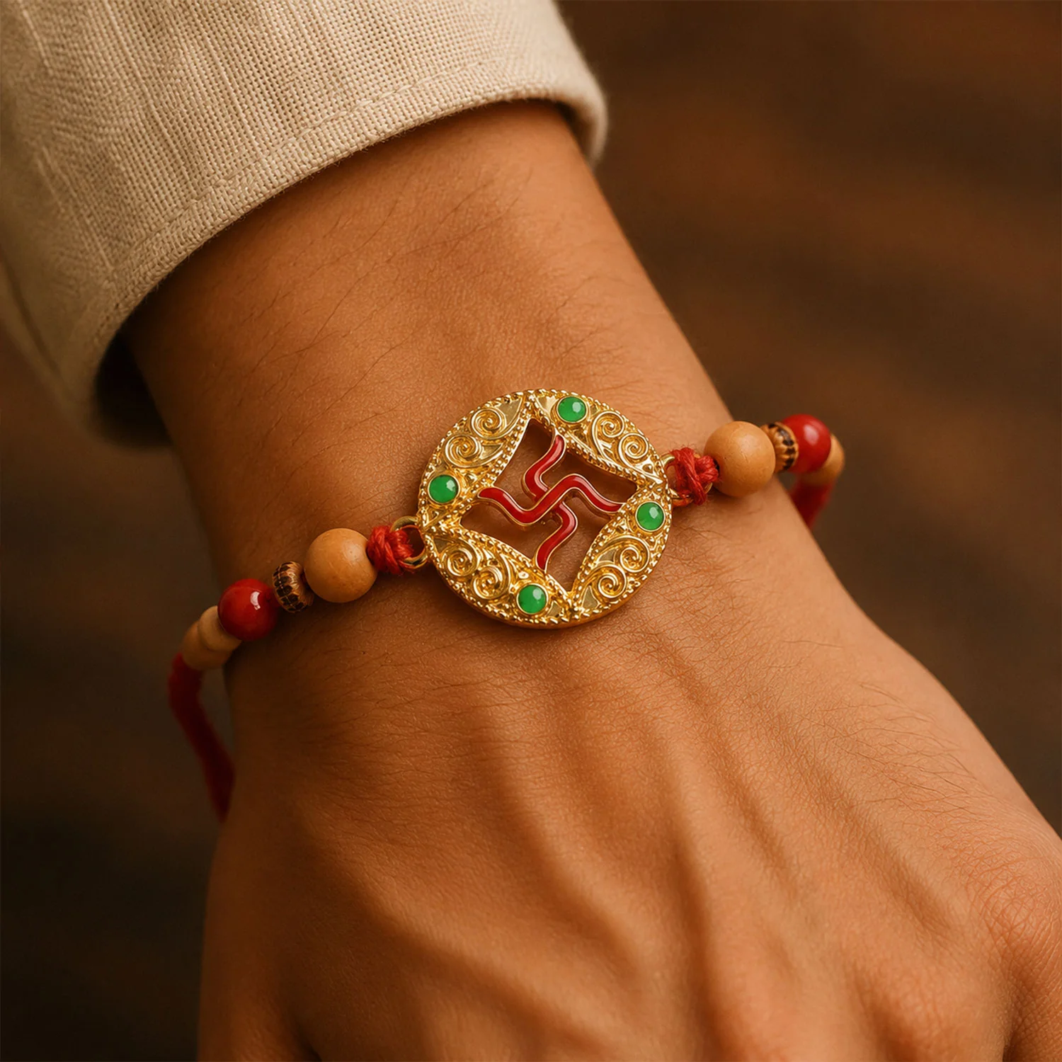 Rakhi – Elegant multicolor Swastik design with peach beads for Rakshabandhan - Image 2