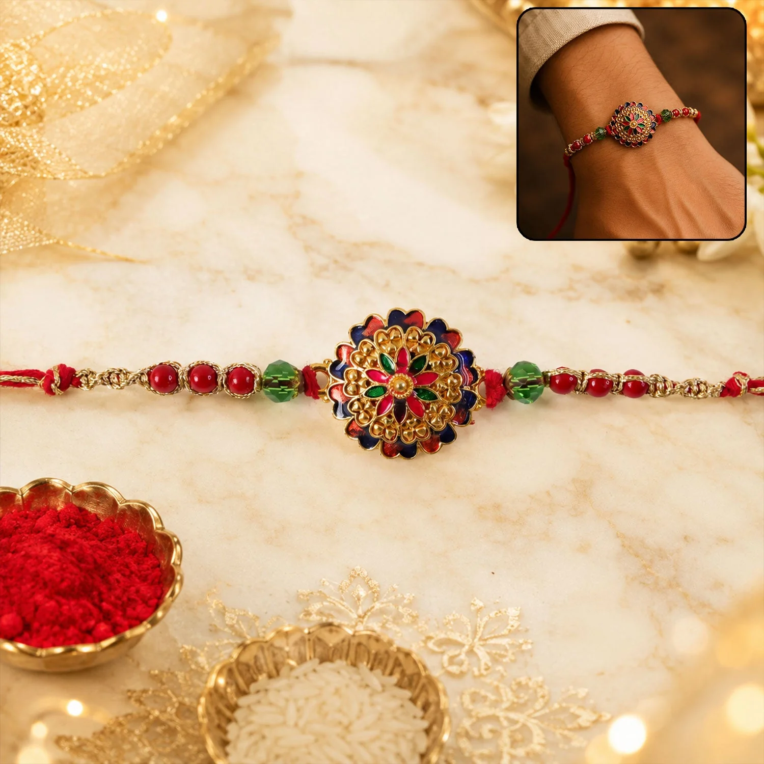Meenakari Rakhi – Multicolour Floral Design for Brother | Festive Gift - Image 2