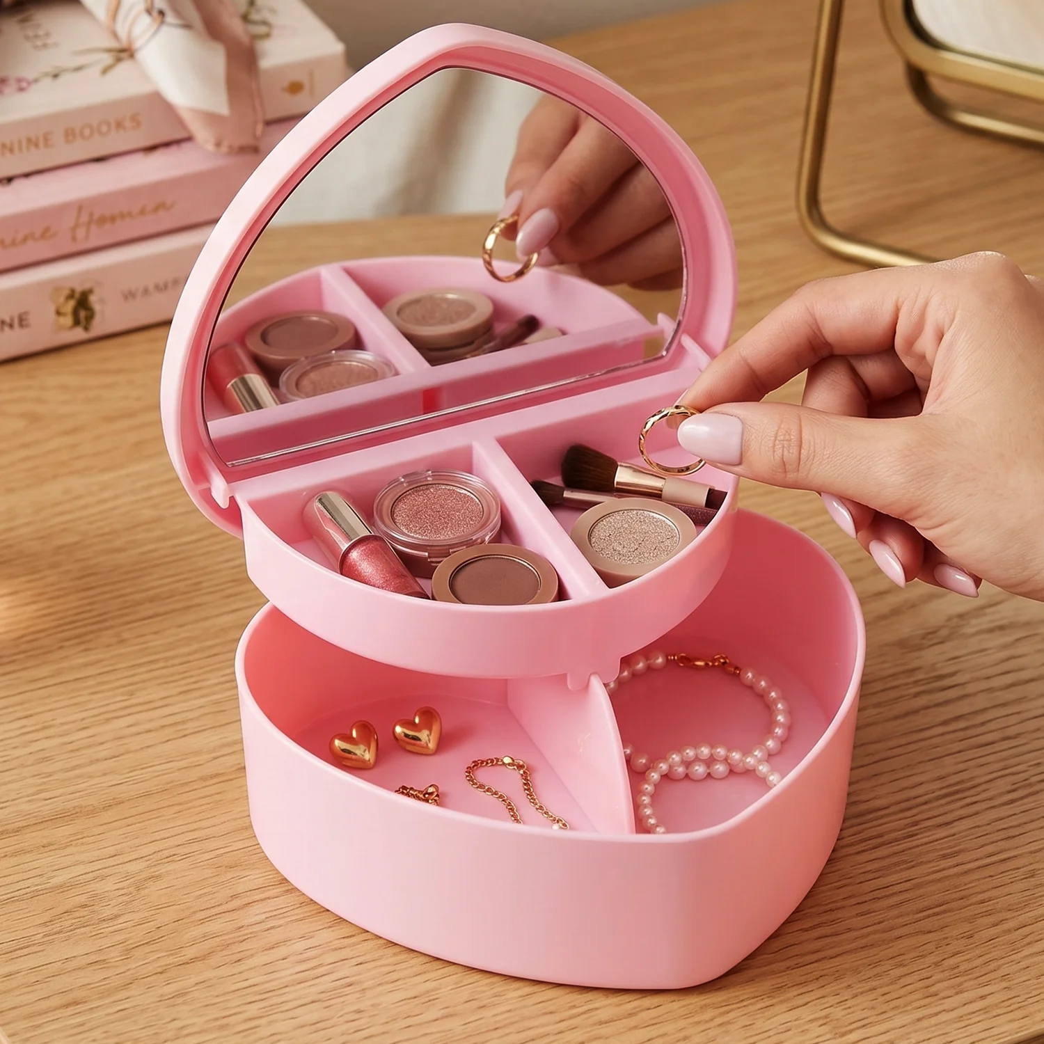 Makeup Storage Box with Mirror, Compact & Multi-Compartment Design - Image 3
