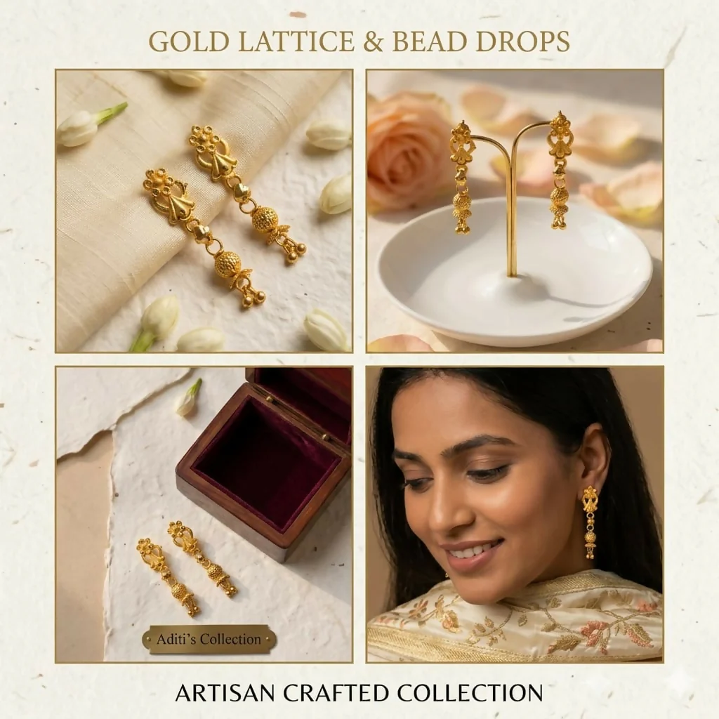 Elegant Gold Lattice Earrings – Traditional Bead Drop Design - Image 3