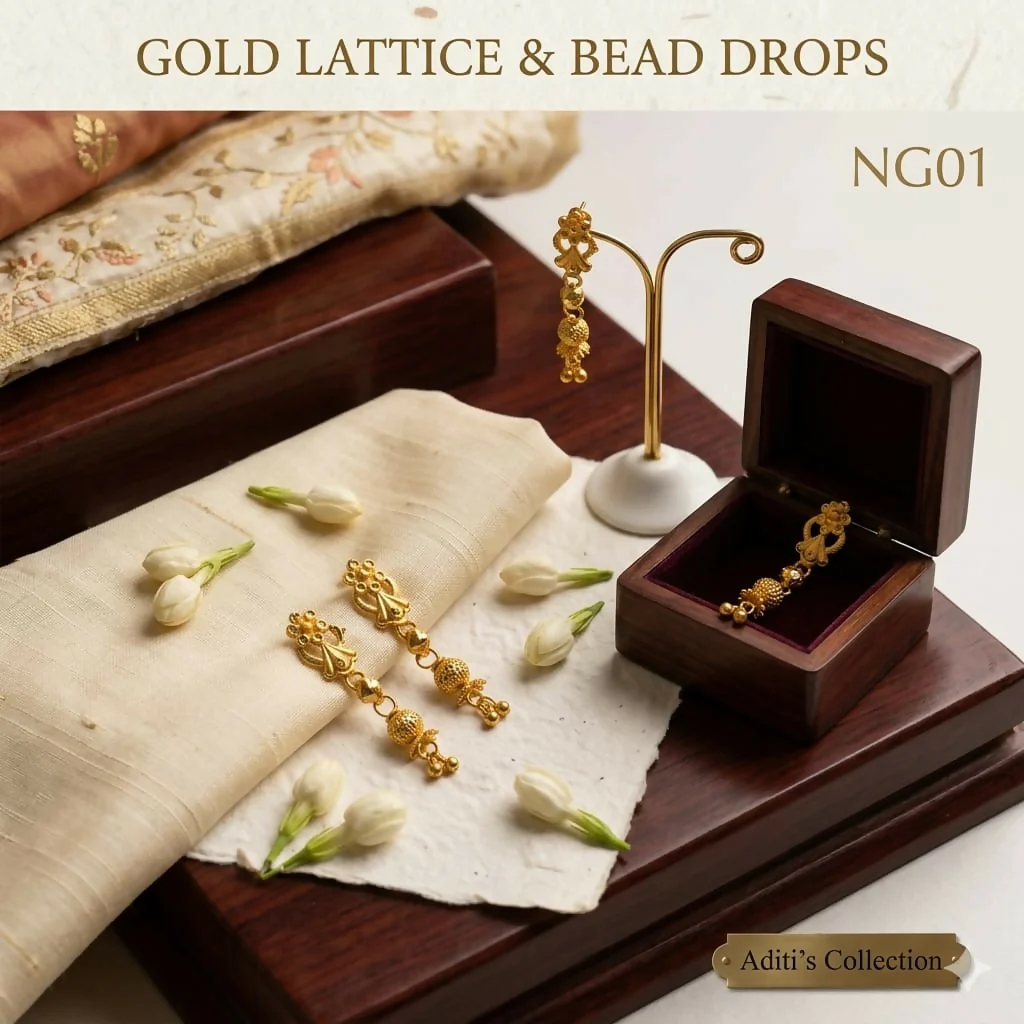 Elegant Gold Lattice Earrings – Traditional Bead Drop Design - Image 4