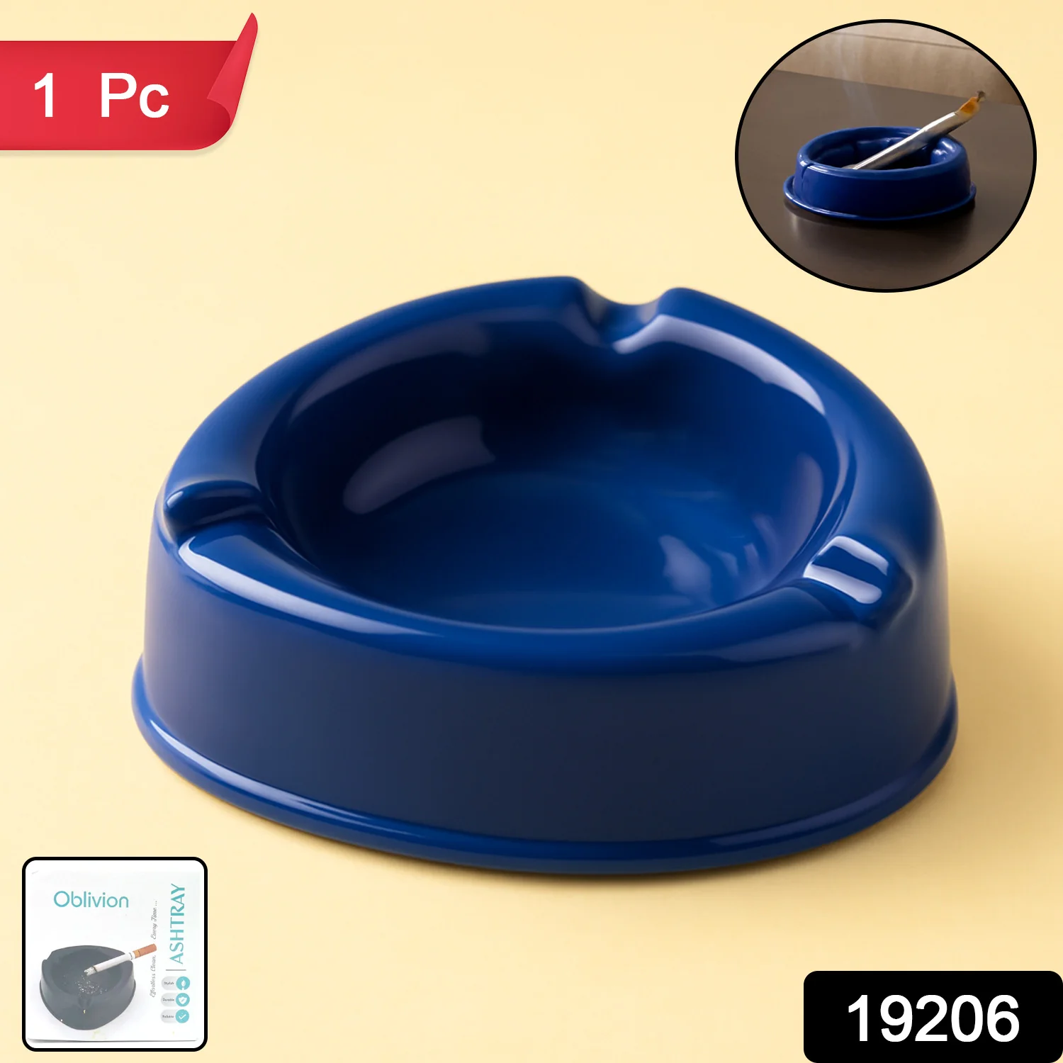 Dark Blue Plastic Ashtray – Durable Smokeless 3-Slot Design - Image 2