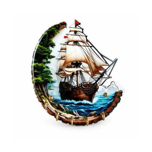 Nautical Sail Ship Wooden Key Holder – Wall Mounted with 5 Hooks - Image 2