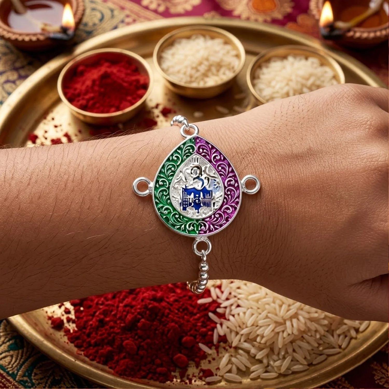 Om Damaru Charm Enamel Charm Chain Bracelet Rakhi – Stylish & Sacred - Image 2