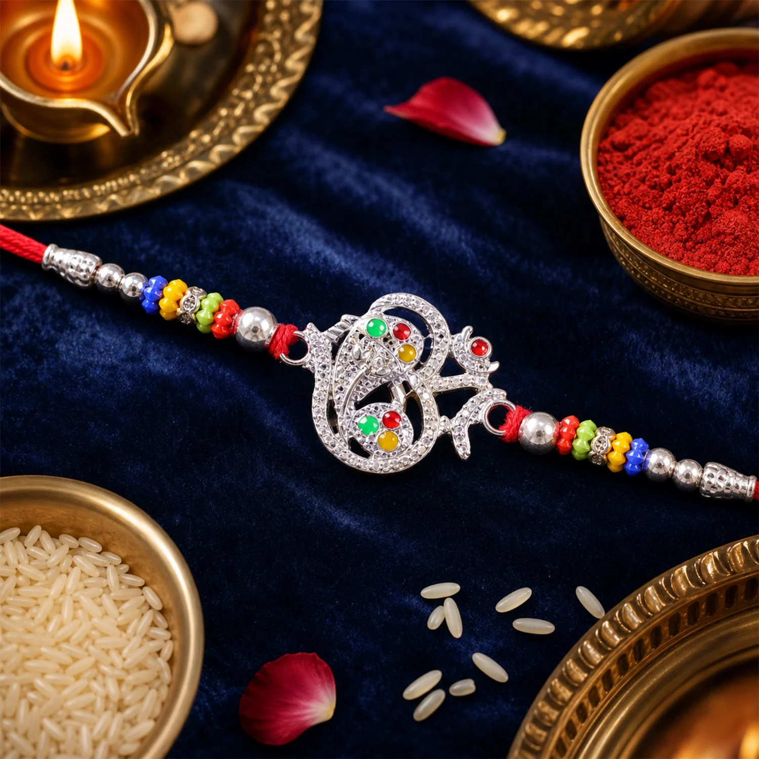 Om Design Ganesha Stone Beads Designer Rakhi For Brother - Image 3
