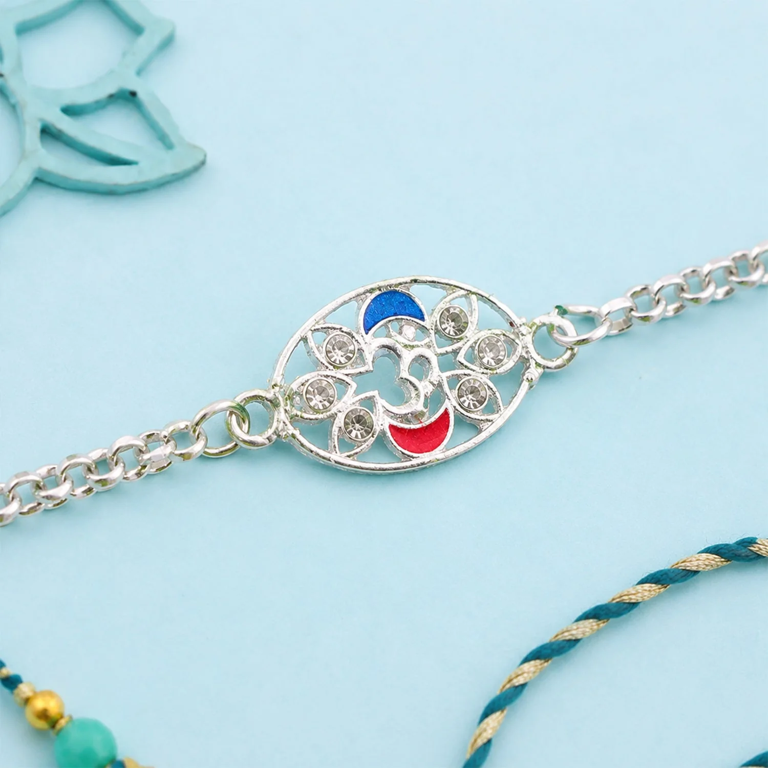 Om Leaf Motif Stone Studded Designer Chain Rakhi for Brother - Image 3