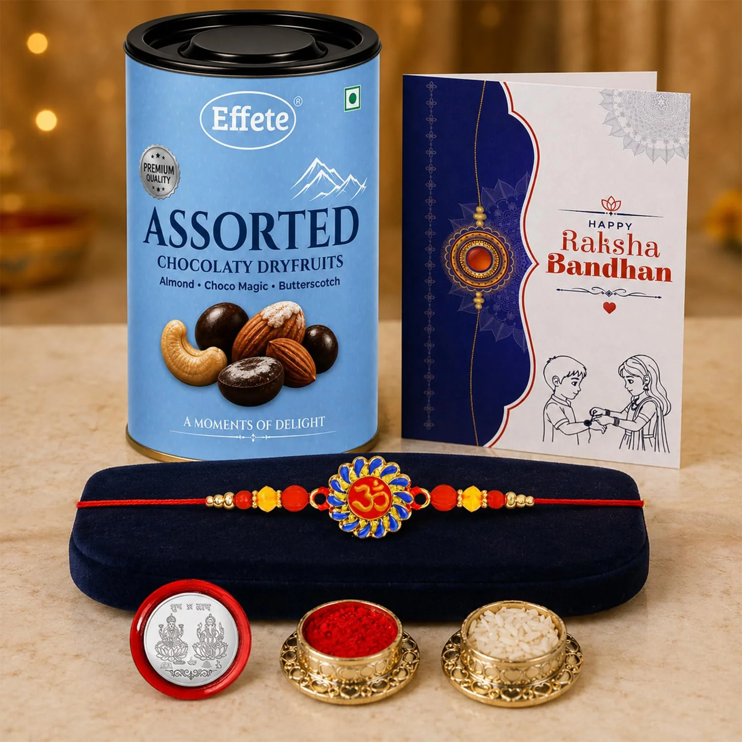 Om Rakhi Combo - Raksha Bandhan Gift with Assorted Choco 96gm, Pack of 5 | Rakhi Gift - Image 2