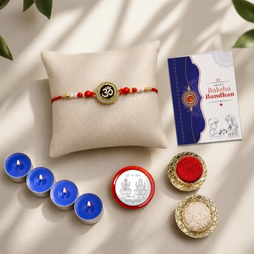 Om Rakhi Combo - Raksha Bandhan Gift with Tealight Candles 4pcs, Pack of 5 | Rakhi Gift - Image 2