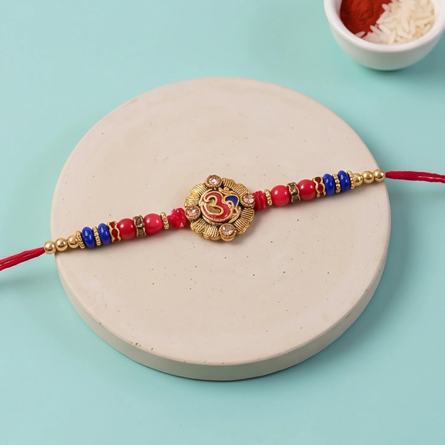 Om Red Blue Beads Charm Rakhi for Brother Bhai Raksha Bandhan Festival Special Gift - Image 3