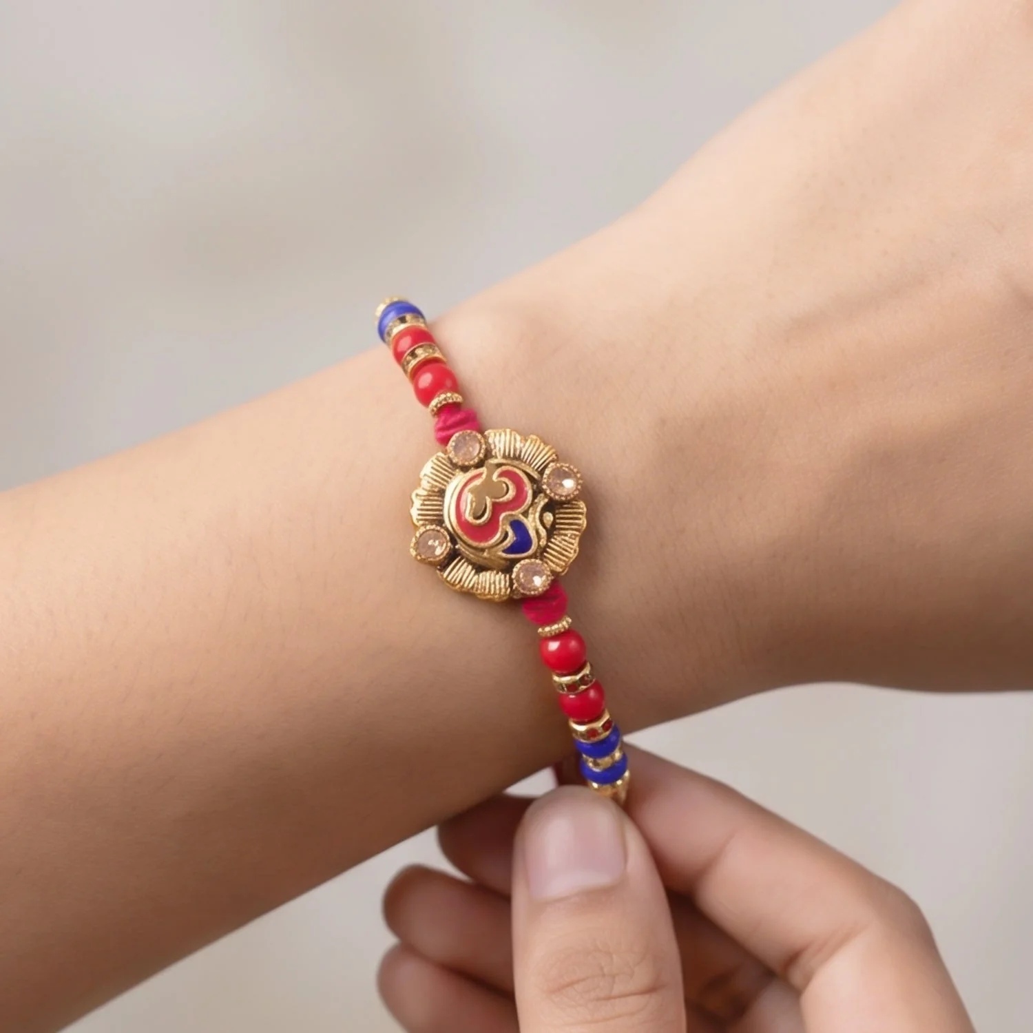 Om Red Blue Beads Charm Rakhi for Brother Bhai Raksha Bandhan Festival Special Gift - Image 4