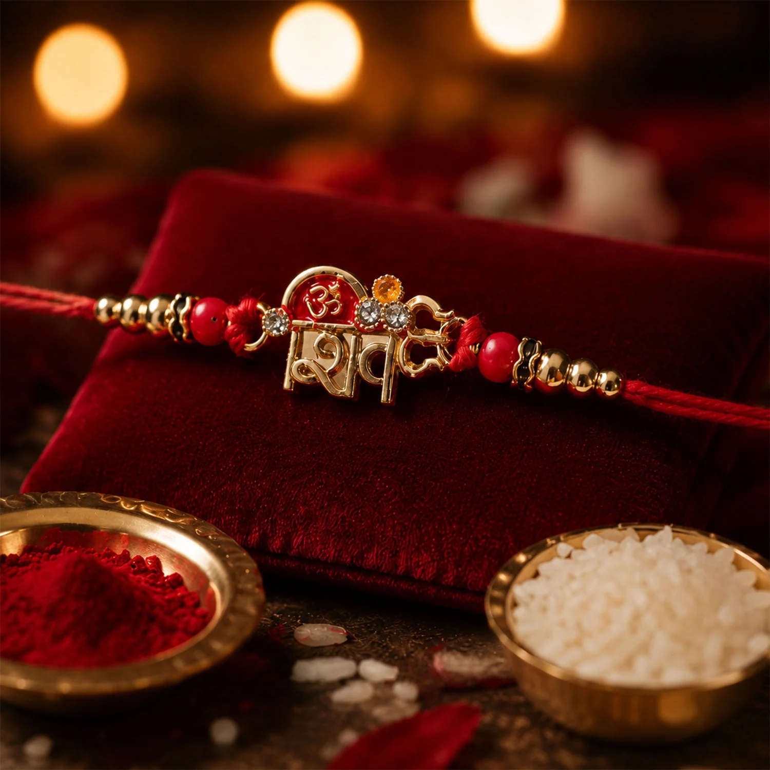 Om Shiv Trishul Charm Rakhi – Elegant Beaded Design for Brothers - Image 2
