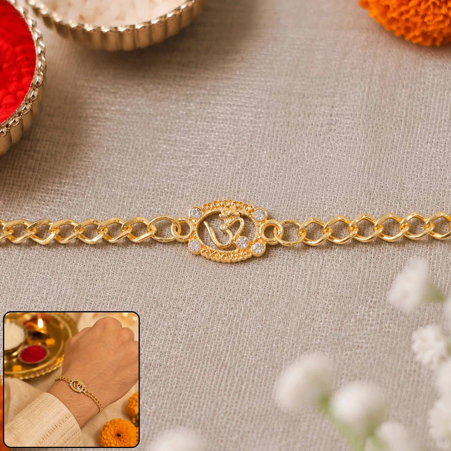 Rakshabandhan Om Stone Rakhi – Stylish Gold Tone Design for Brothers