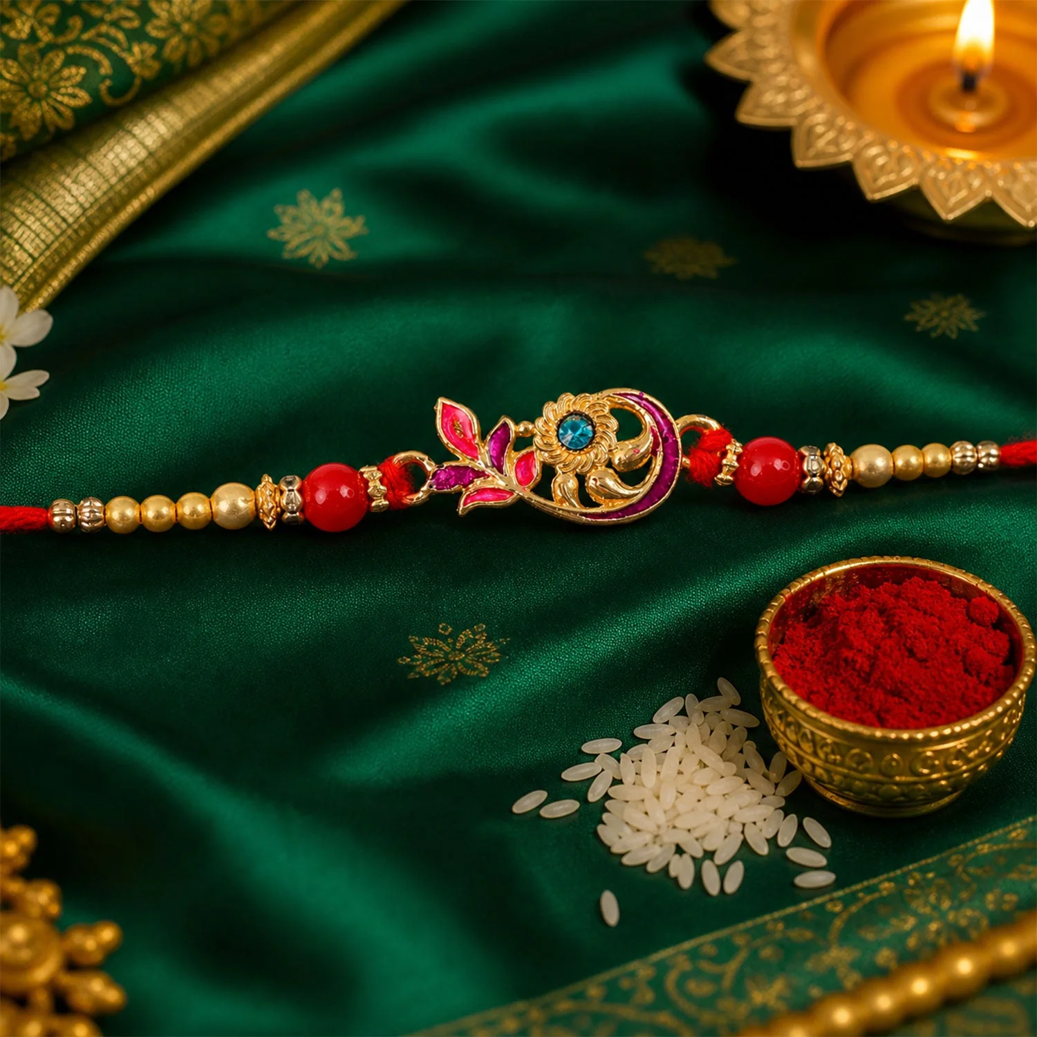 Ethnic Golden Flower Rakhi with Stone & Pearls – Rakhi for Brother - Image 4