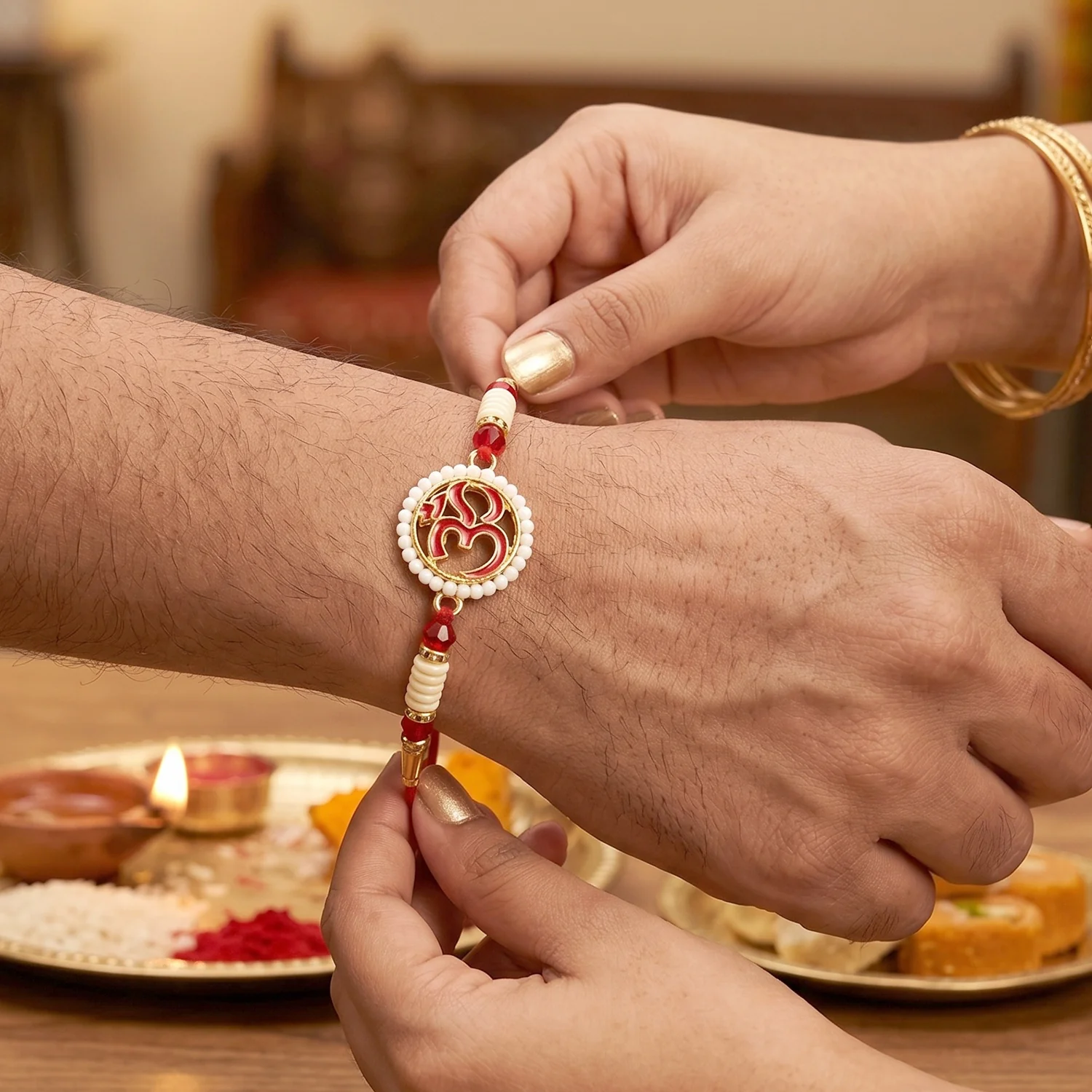 OM Symbol Pearl Frame Rakhi – Elegant Traditional Design for Raksha Bandhan - Image 2