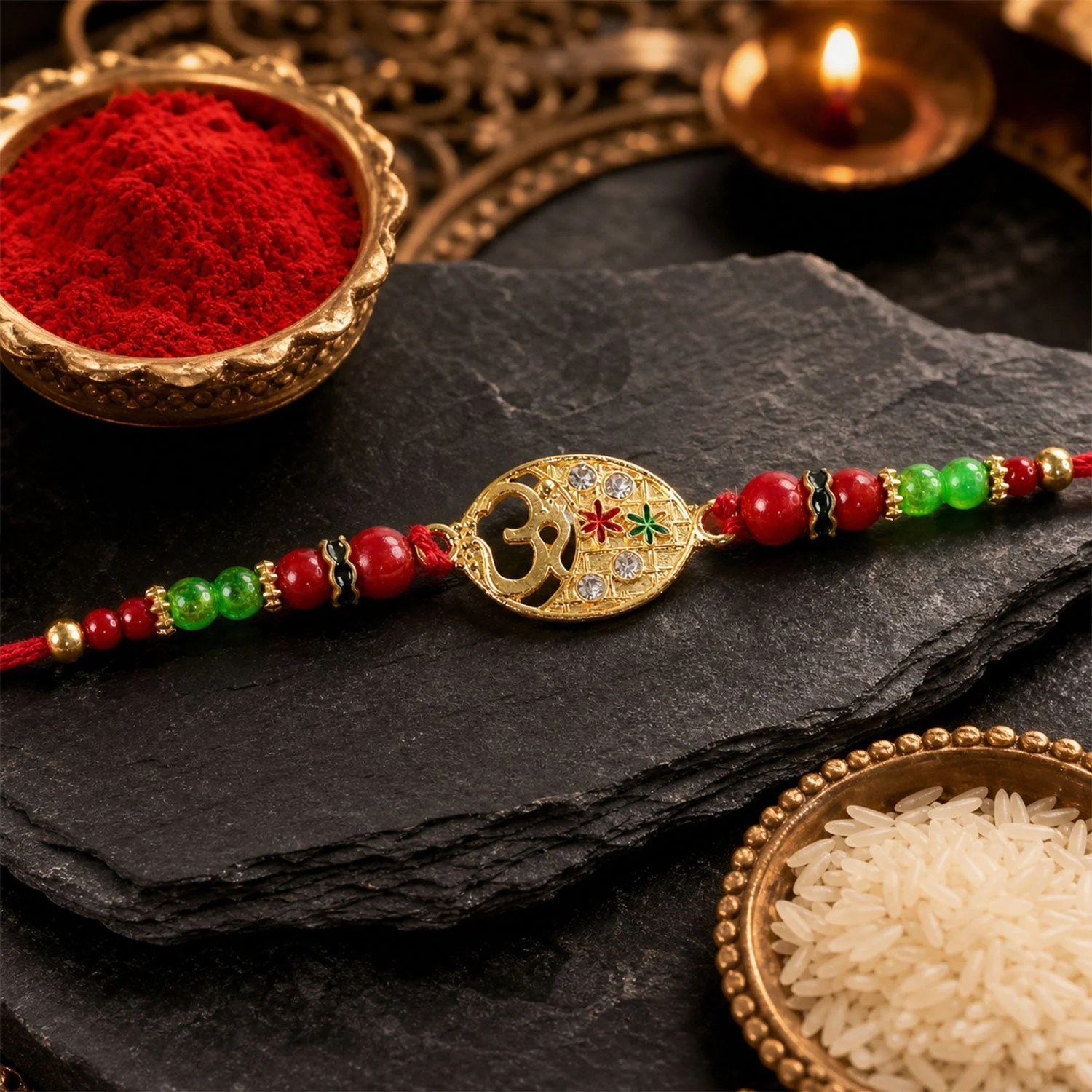 Om Symbol Round Beaded Traditional Designer Rakhi for Brother - Image 2