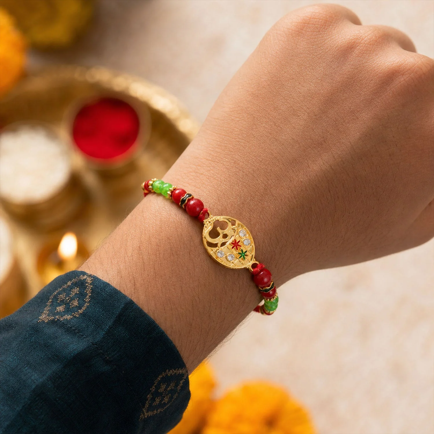Om Symbol Round Beaded Traditional Designer Rakhi for Brother - Image 3
