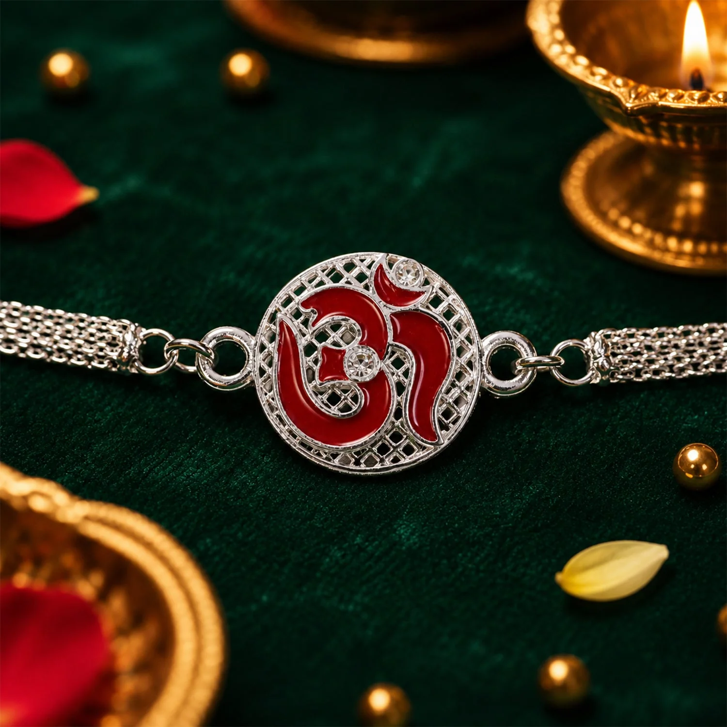 Om Symbol Stone Studded Designer Chain Rakhi for Brother - Image 2