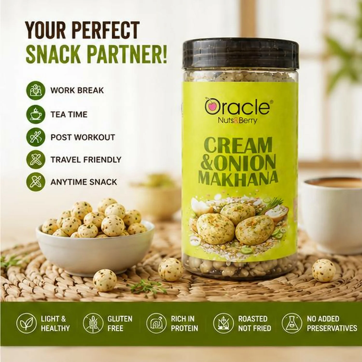 Oracle Cream & Onion Makhana | Super Tasty Roasted Fox Nuts, Gluten Free & Protein Rich 75g - Image 2