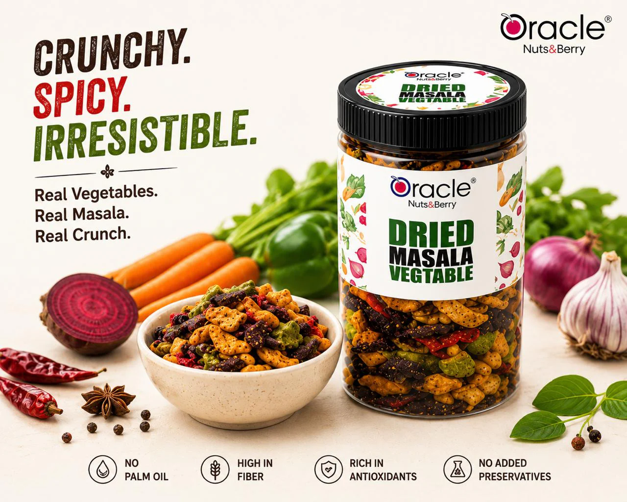Oracle Masala Vegetables – Healthy Non-Fried Snack 250g - Image 4