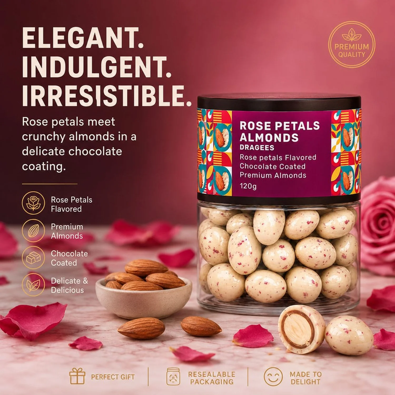 Rose Petal Almond Dragees – Floral Chocolate Badam for Gifting - Image 4