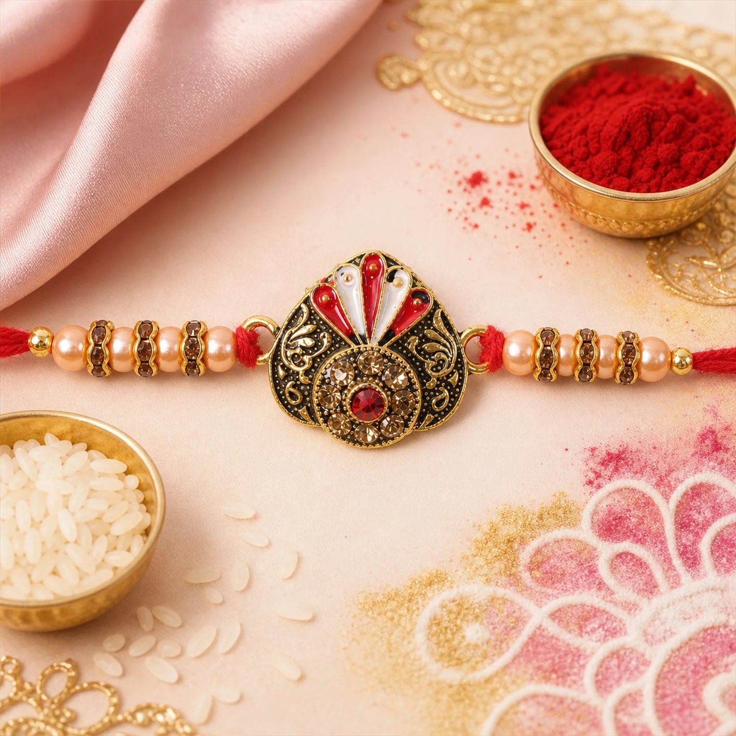 Ornate Floral Stone Studded Premium Designer Rakhi for Brother - Image 3