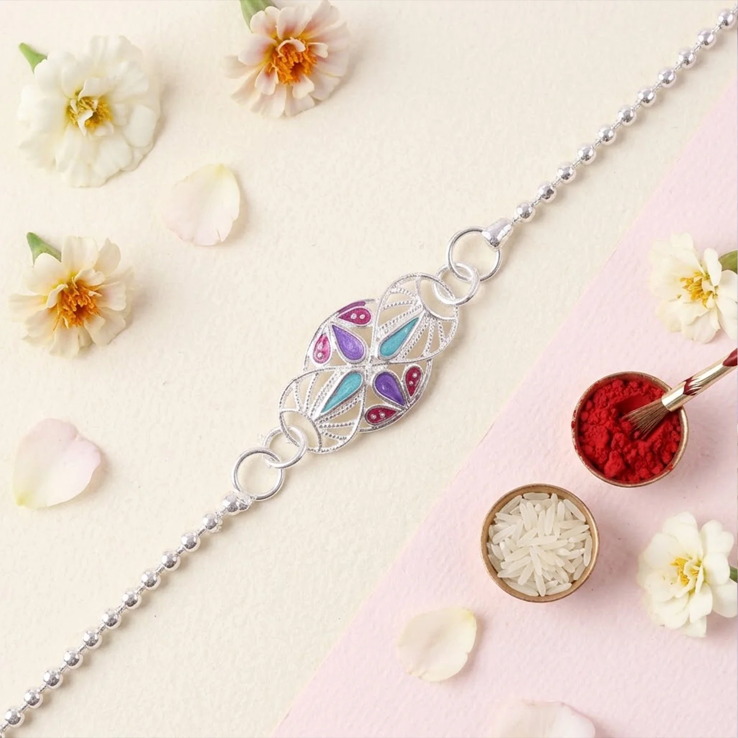 Oval Enamel Stone Charm Chain Bracelet Rakhi for Brother – Elegant & Memorable